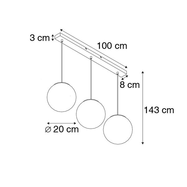 Technische Zeichnung einer Pendelleuchte mit drei runden Lampenschirmen und Maßangaben