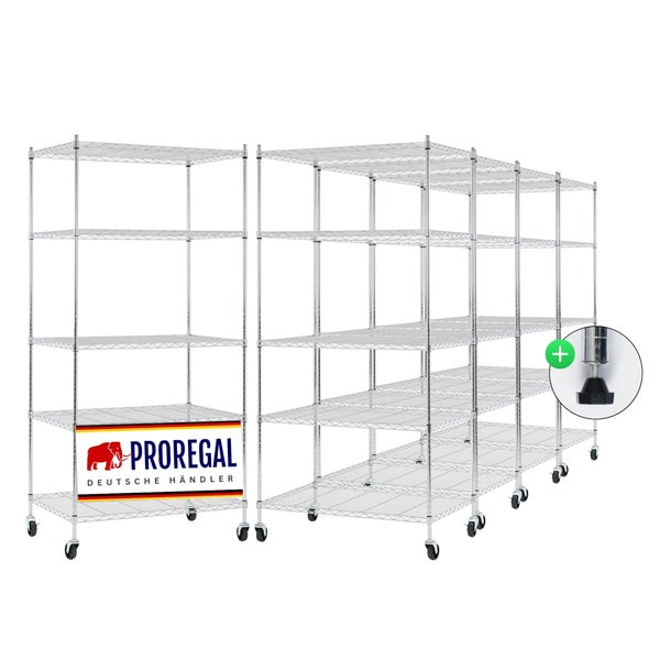 ProRegal Drahtregale mit fünf Fachböden, Rollen für Mobilität und Detailansicht eines höhenverstellbaren Standfußes. ProRegal Logo.