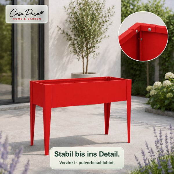 Rotes Hochbeet aus Metall auf Beinen auf einer Terrasse, Detail der Verschraubung oben rechts, Casa Pura Logo.
