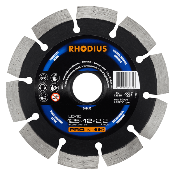 RHODIUS Diamanttrennscheibe LD40, 1 Stück, 115 x 12,0 x 2,2 x 22,23 mm für Beton, PROline