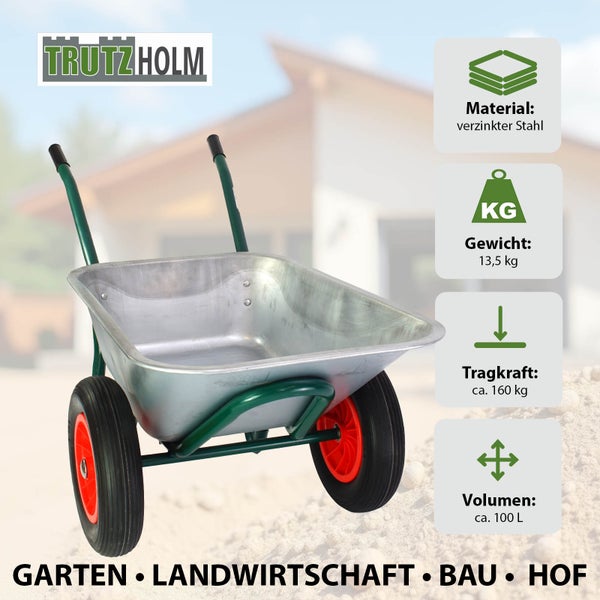 2-Rad-Schubkarre 100 Liter 160 kg Tragkraft verzinkter Stahl PU Vollgummirad auf Stahlfelge Bauschubkarre