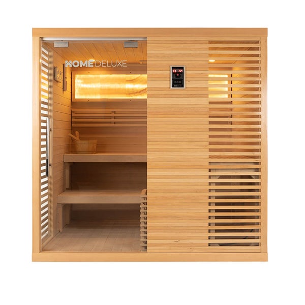 Home Deluxe Infrarotsauna aus Holz mit zwei Sitzebenen und digitalem Bedienelement in einer hellen Holzoptik.