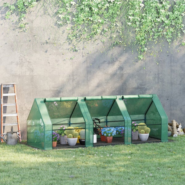 Outsunny Mini Gewächshaus, mit 3 Rollfenster, 270 x 90 x 90 cm, PE Folie,Stahl, Grün