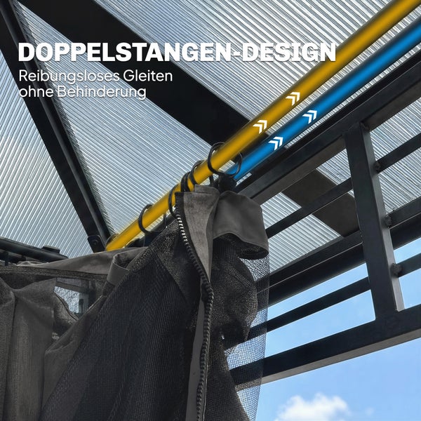 Doppelstangensystem für Pavillons zum reibungslosen Gleiten von Vorhängen und Moskitonetzen an einem Metallrahmen unter dem Dach.