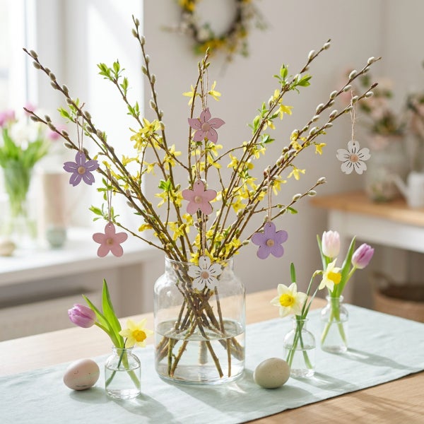 Osterstrauß aus Weidenzweigen und Forsythien in einer Glasvase mit hängenden Holzblumen, arrangiert auf einem Tisch mit Tulpen und Ostereiern.