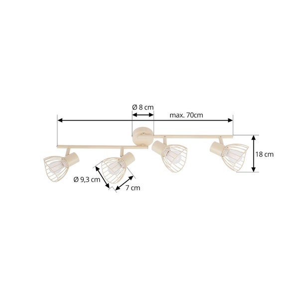 Abmessungen einer Deckenleuchte mit vier Strahlern.