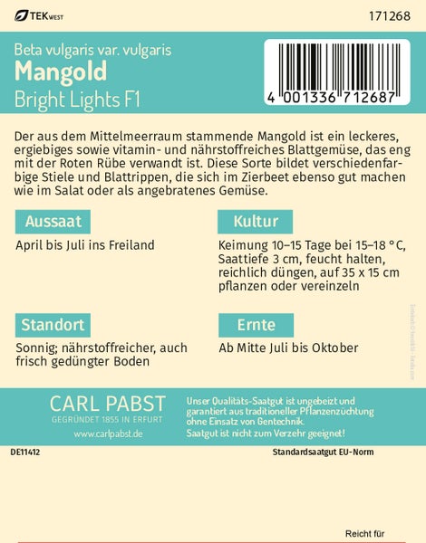 Rückseite der Saatgutpackung Mangold Bright Lights F1 von Carl Pabst mit Hinweisen zu Aussaat, Kultur, Standort und Ernte.