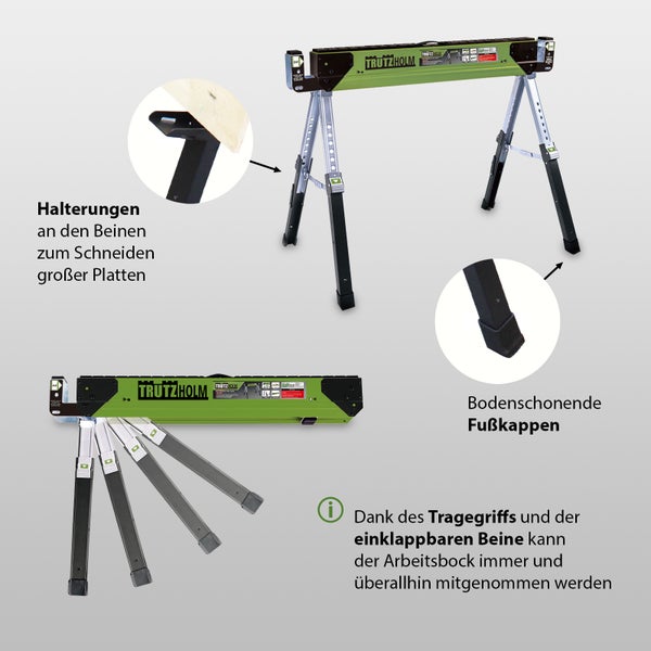 Tragbarer Trutzholm Arbeitsbock mit einklappbaren Beinen, Halterungen und bodenschonenden Fußkappen