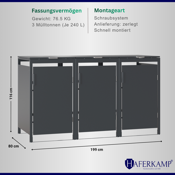 Mülltonnenbox für 3 Tonnen je 240 Liter. Maße: Höhe 116 Zentimeter, Breite 199 Zentimeter, Tiefe 80 Zentimeter. Haferkamp Logo.