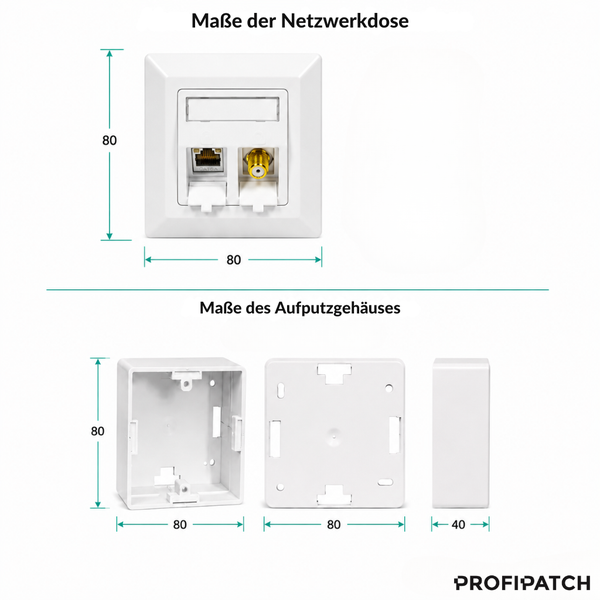 Maße der Netzwerkdose von PROFIPATCH: 80 mal 80 Millimeter. Aufputzgehäuse: 80 mal 80 mal 40 Millimeter.