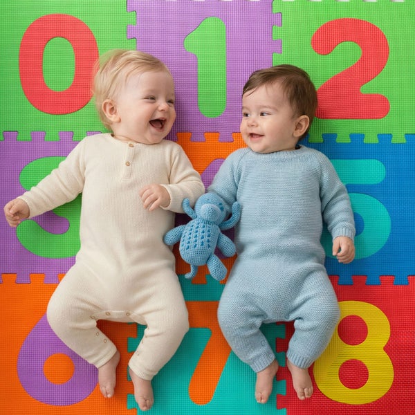Zwei Babys liegen auf einer bunten Schaumstoff-Puzzlematte mit den Zahlen Null bis Acht und strukturierter Oberfläche.