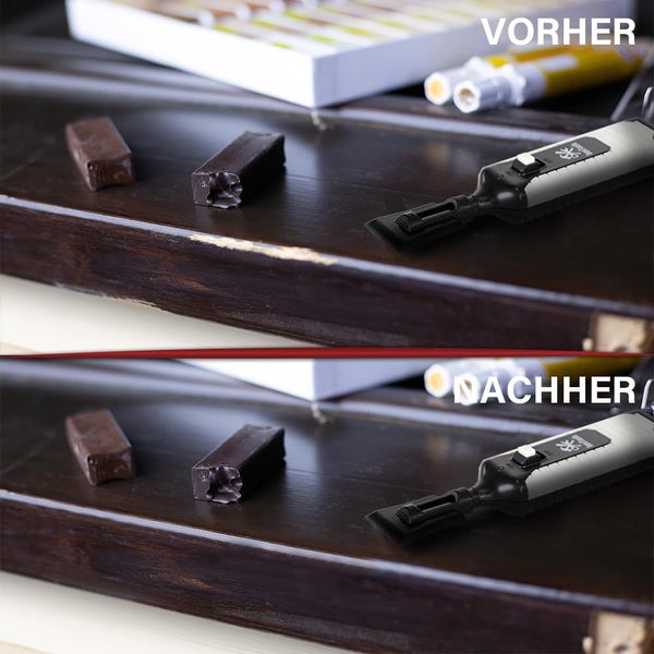 Vorher-Nachher-Vergleich einer Holzreparatur mit Wachsschmelzer und Wachsstangen an einer dunklen Holzkante.