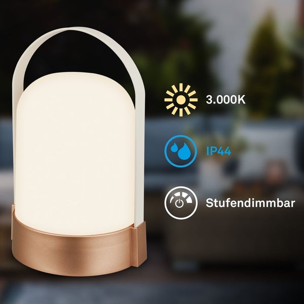 Tragbare LED-Tischleuchte für außen mit 3000 Kelvin, Schutzart IP44 und stufenweiser Dimmfunktion.