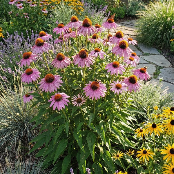 Blühende rosa Echinacea Sonnenhüte in einem sonnigen Garten mit gelben Rudbeckien und einem Steinpfad, die Bienen anlocken.