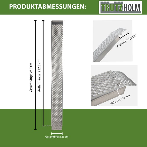 TRUTZHOLM Alu Auffahrrampe 250 cm 500 kg 26 cm breit Anti Rutsch gelocht Motorradrampe Verladerampe