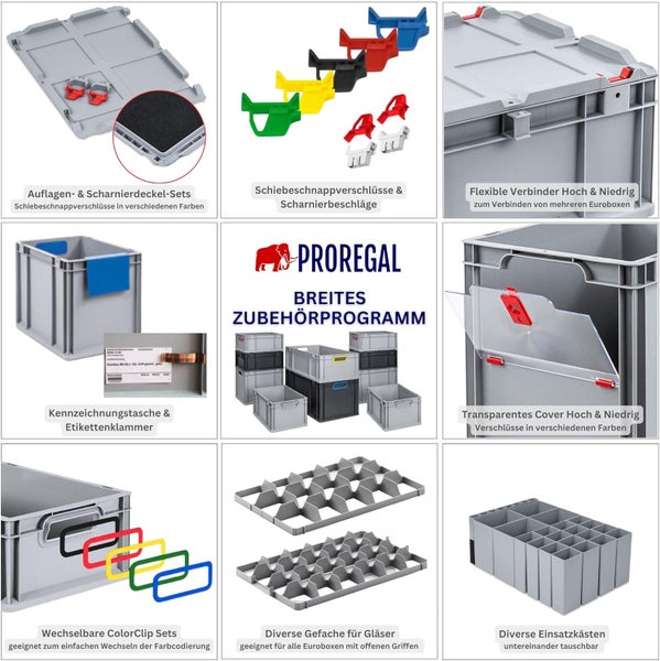 Eurobox Zubehör: Auflagen, Scharnierdeckel, Schiebeschnappverschlüsse, Verbinder, Kennzeichnungstasche, Etikettenklammer, ColorClips, Facheinsätze und Einsatzkästen