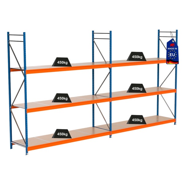 Lagerregal mit drei Ebenen und einer Traglast von 450 Kilogramm pro Ebene sowie einem Made in EU Siegel
