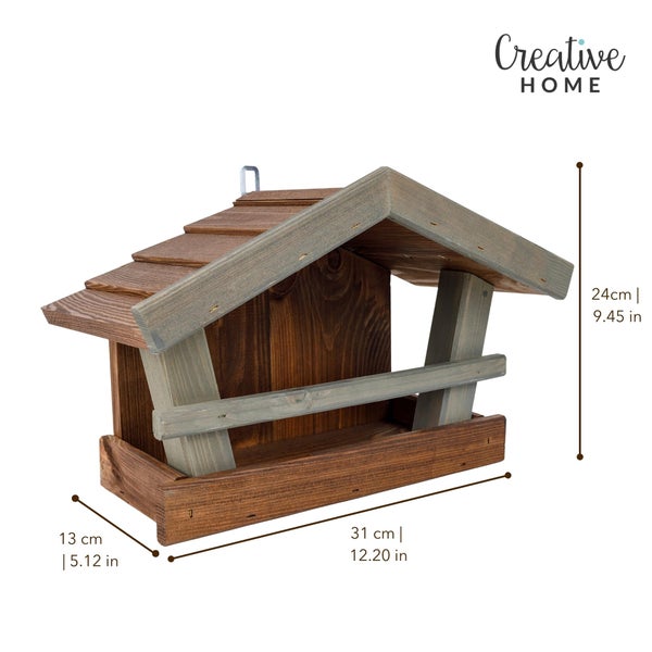 Vogelhaus aus Holz zum Aufhängen, Maße: Breite 31 Zentimeter, Höhe 24 Zentimeter, Tiefe 13 Zentimeter. Creative Home Logo.