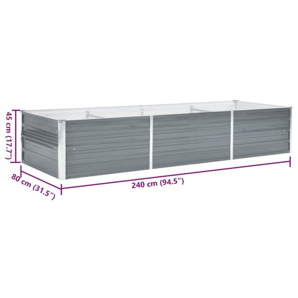 Graues Hochbeet aus Metall mit den Maßen 240 Zentimeter Länge, 80 Zentimeter Breite und 45 Zentimeter Höhe.