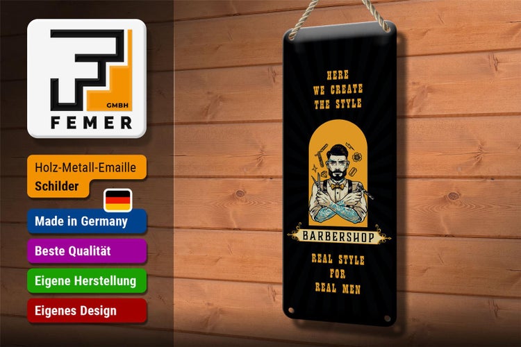 Blechschild Spruch Barbershop Here we greate Style 10x27cm