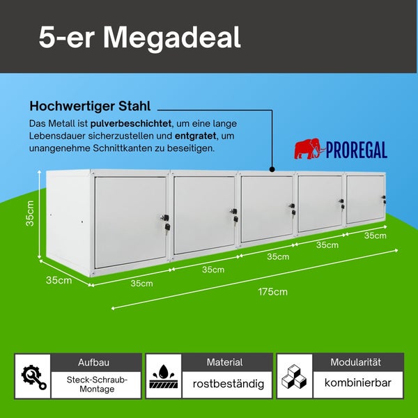 5er-Set modulare Metallschränke aus rostbeständigem Stahl. Abschließbar. Maße je Würfel 35x35x35 Zentimeter. Gesamtlänge 175 Zentimeter. Proregal Logo.