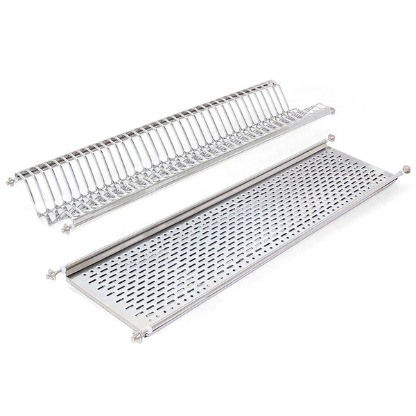 Zweiteiliges Abtropfgestell Set aus Edelstahl bestehend aus einem Tellerhalter und einer Abtropfplatte.