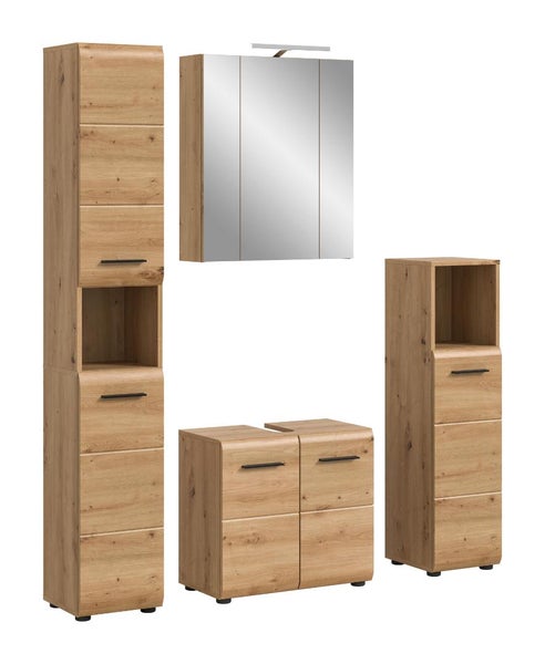 Badezimmermöbel-Set in Holzoptik bestehend aus Hochschrank, Spiegelschrank mit Beleuchtung, Waschtischunterschrank und Midischrank.