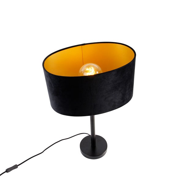 Schwarze Tischleuchte mit Lampenschirm und rundem Fuß