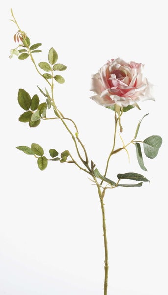 Künstliche Rose mit einer rosa Blüte und grünen Blättern am Stiel.