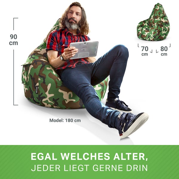 Green Bean Sitzsack mit Rückenlehne 80x70x90cm - Gaming Chair mit 230L Füllung Kuschelig Weich Waschbar - Bean Bag Bodenkissen Lounge Sitzhocker Relax-Sessel Gamer Gamingstuhl Camouflage Grün
