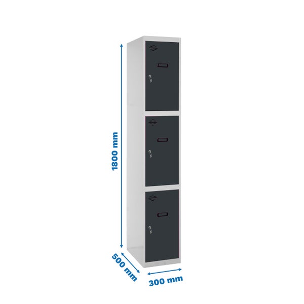 Metall-Garderobenschrank mit drei Abteilen und den Maßen 1800 mm Höhe, 500 mm Tiefe und 300 mm Breite