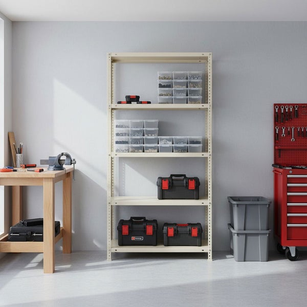 Hellbeige Metallregal in einer Werkstatt mit Kleinteilemagazinen und Werkzeugkoffern neben einer Hobelbank und einem Werkzeugwagen.