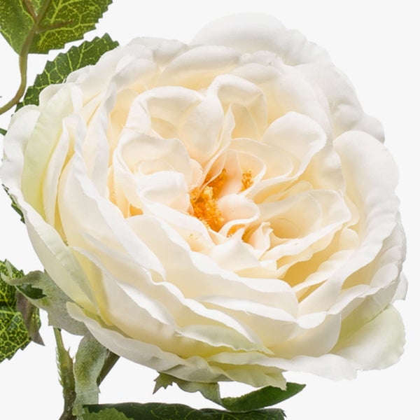 Künstliche weiße Rose mit detaillierten Blütenblättern und grünem Blattwerk.