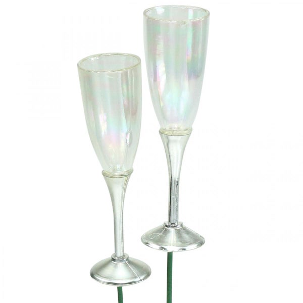 Zwei Champagnerglas-Gartenstecker aus Glas und Metall