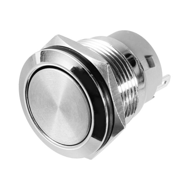 Runder Drucktaster aus Metall mit Gewinde und Sechskantmutter.