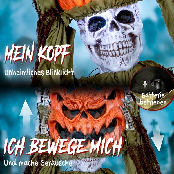 Animierte Halloween Skelett Figur mit Kürbiskopf, Lichteffekten und Soundfunktion, batteriebetrieben, ideal für Halloween Dekoration.
