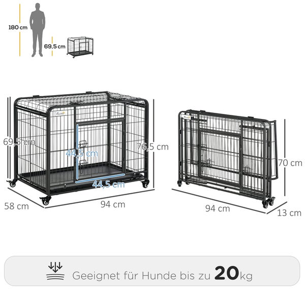 PawHut Hundekäfig, Transportkäfig, 94 x 58 x 69,5 cm, Metall, Grau+Schwarz