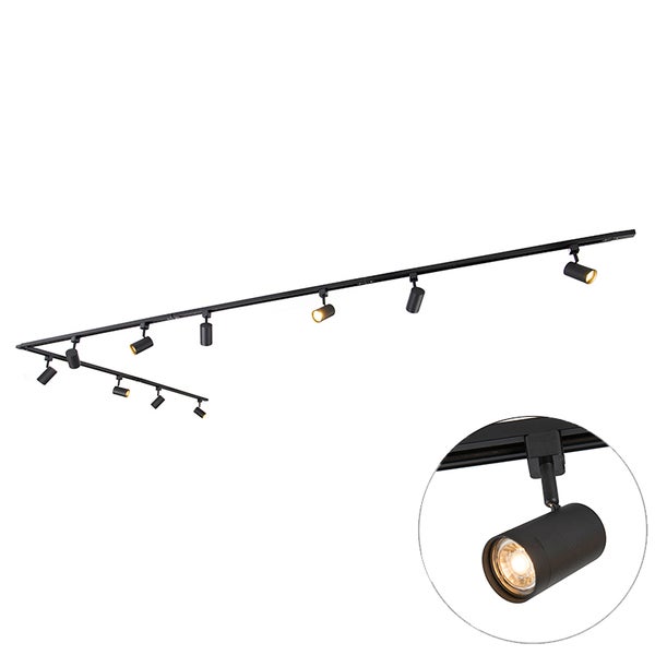 Schwarzes Schienensystem mit mehreren zylindrischen LED-Strahlern in L-Form und einer Detailansicht eines Spots.