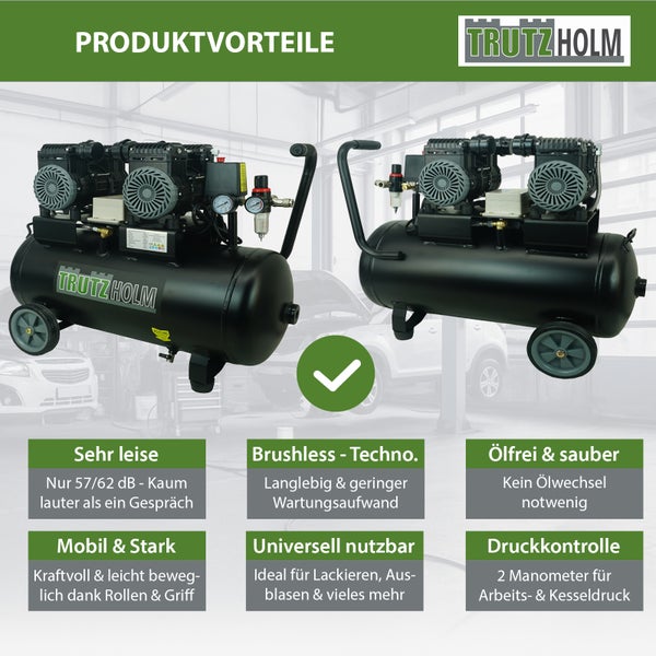 Trutzholm Logo. Infografik zum Luftkompressor: geräuscharm, bürstenloser Motor, ölfrei, mobil mit Rollen, zwei Manometer zur Druckkontrolle.
