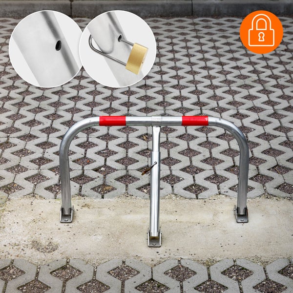 ECD Germany 1x Parkplatzsperre Parkplatzbügel 84 x 48 cm, klappbar, umlegbar, aus verzinktem Metallrohr 32 mm, Parkbügel mit 3 Beinen und 2 rote Warnstreifen, Sperrbügel Parkplatzblockierer Parksperre