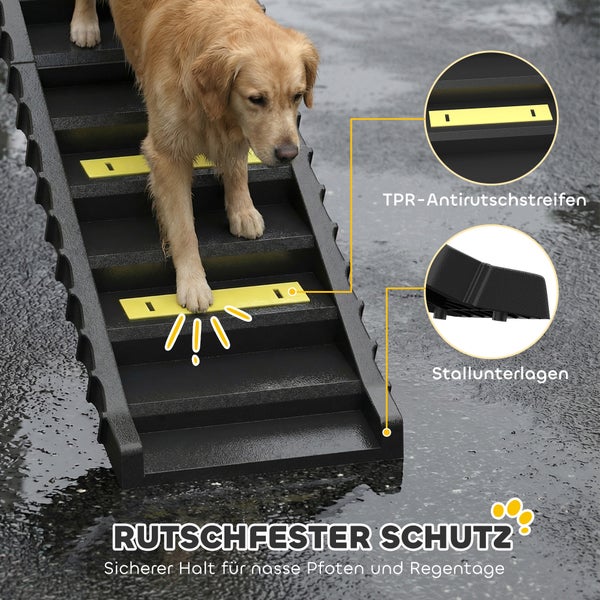 Hundetreppe mit Antirutschstreifen aus thermoplastischem Gummi und stabilen Standfüßen für einen sicheren Halt bei Nässe.