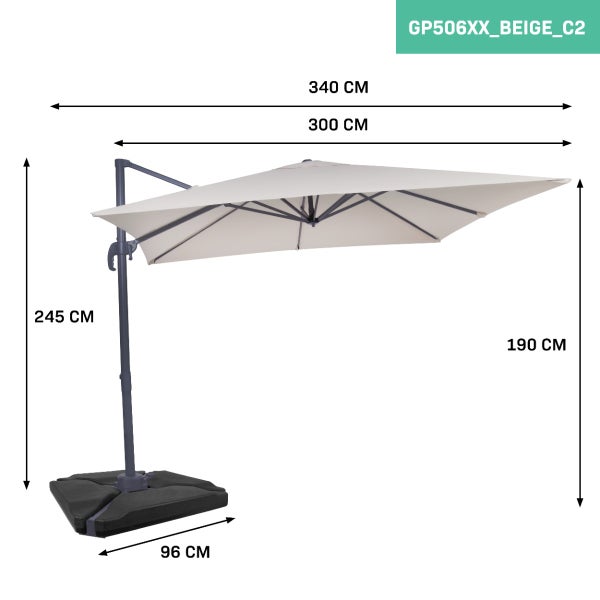 VONROC Freitragender Premium-Sonnenschirm Pisogne 300x300cm - Kombi-Set inklusive füllbaren Premium-Sonnenschirmfliesen – Um 360Grad drehbar – Neigbar - Beige