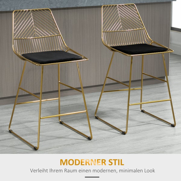 HOMCOM 2er-Set Barhocker, Bistrohocker mit Fußstütze, Kissen, Barstuhl, Küchenstuhl mit Stahlbeinen für Wohnzimmer, Esszimmer, Gold, 46 x 56 x 95 cm