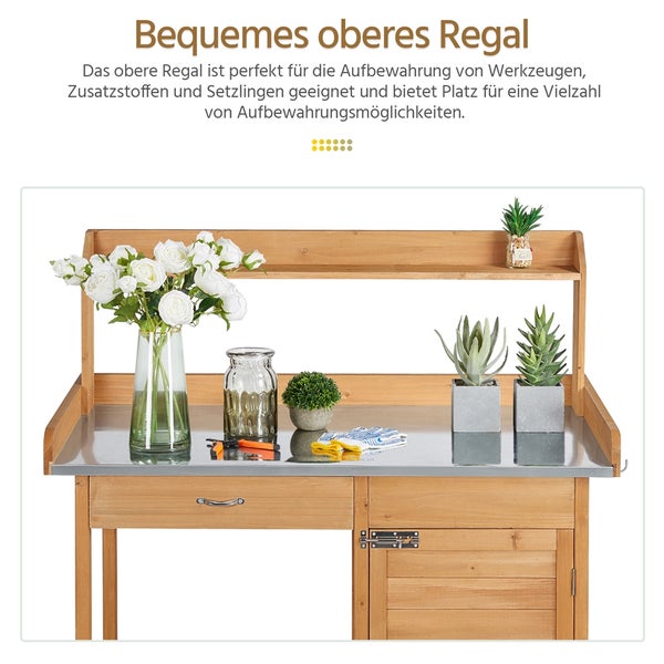 Gartentisch aus Holz mit Edelstahlarbeitsplatte und Ablagefläche