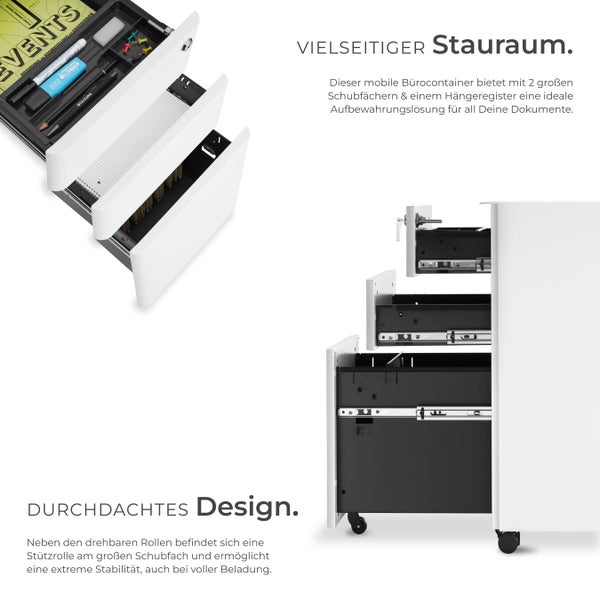 Bürocontainer mit mehreren Schubladen zur Aufbewahrung von Dokumenten und Büromaterial