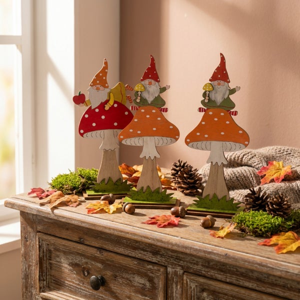 Drei hölzerne Zwergenfiguren auf Pilzpodesten als Herbstdekoration auf einer Anrichte mit Zapfen und Herbstblättern.