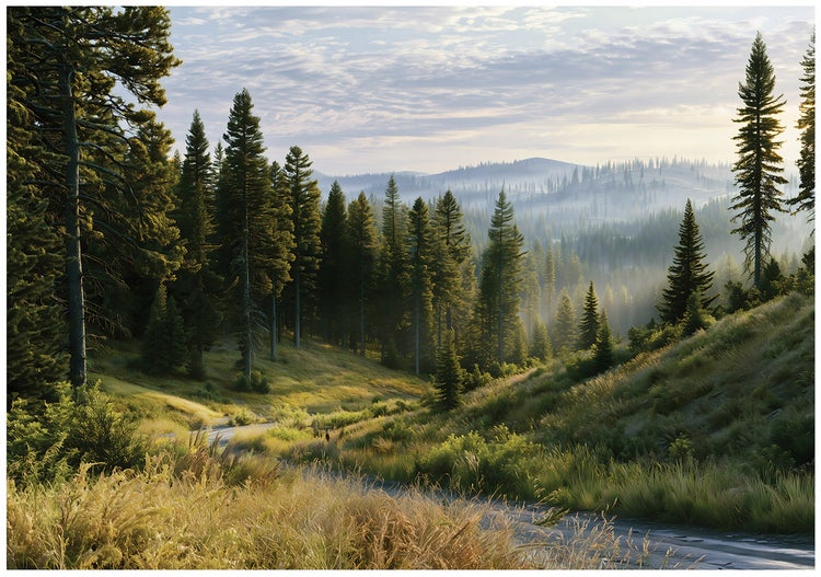 Landschaft mit Nadelwald und sanften Hügeln bei Sonnenaufgang mit leichtem Nebel.