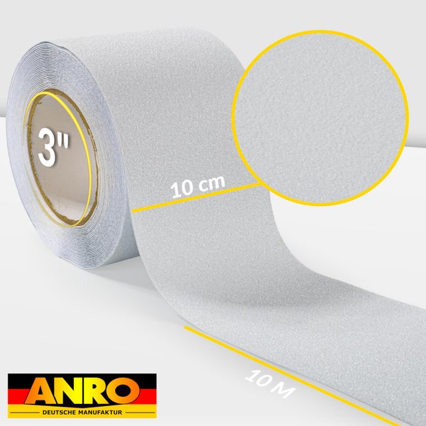 Selbstklebendes Anti-Rutsch-Klebeband von ANRO, 10 Zentimeter breit und 10 Meter lang, mit rauer Oberflächenstruktur, ANRO Logo.