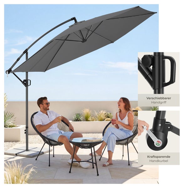 Großer grauer Ampelschirm auf einer sonnigen Terrasse mit Sitzgruppe, inklusive Detailbildern von verschiebbarem Handgriff und Handkurbel.
