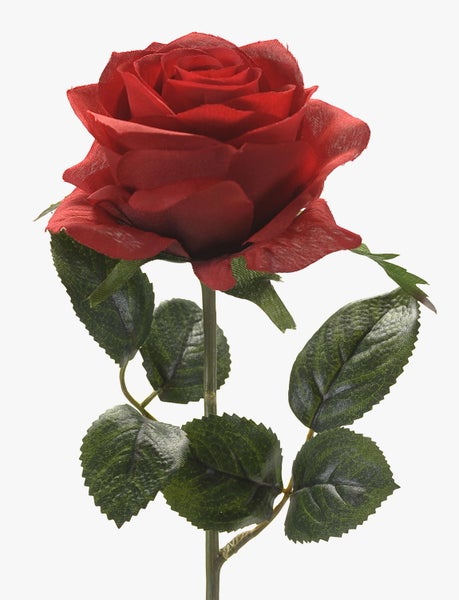 Künstliche rote Rose mit grünem Stiel und Blättern aus Textil und Kunststoff.